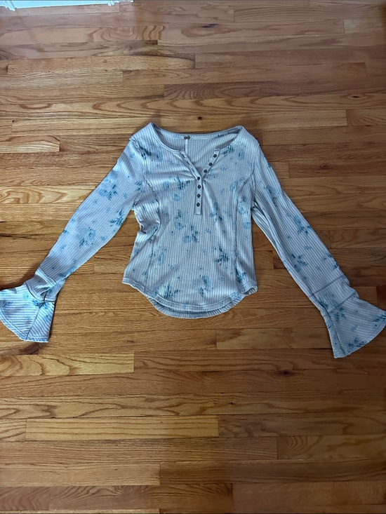 Free People Tops - Free People Light Blue Ribbed Henley Top with Fluted Cuffs